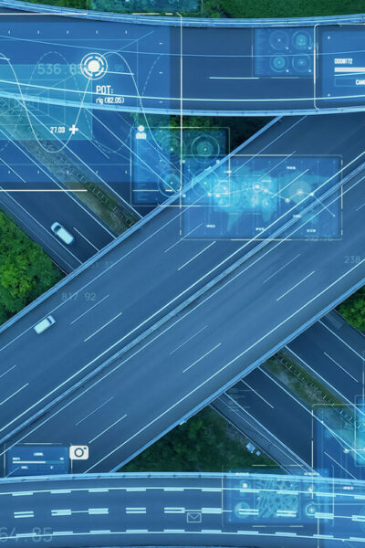 Driving cars oh highway and information communication technology concept. Aerial view.